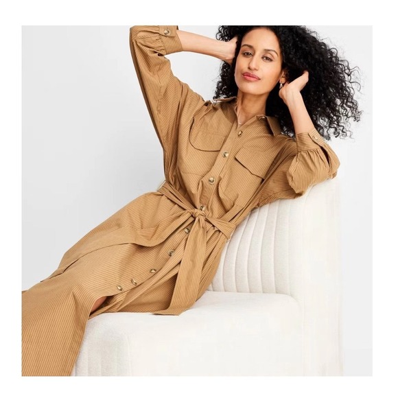 Future collective brown stripe long sleeve button front dress size xxl new - Picture 1 of 14